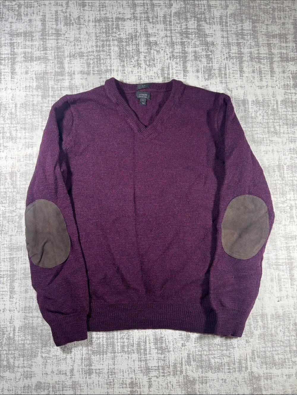 J. Crew Slim “MERINO WOOL” Elbow Patch V-Neck Sweater Maroon size L 22X19.5PTP